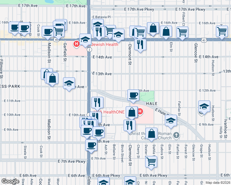 map of restaurants, bars, coffee shops, grocery stores, and more near 1210 Bellaire Street in Denver