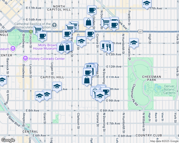 map of restaurants, bars, coffee shops, grocery stores, and more near 1145 North Ogden Street in Denver