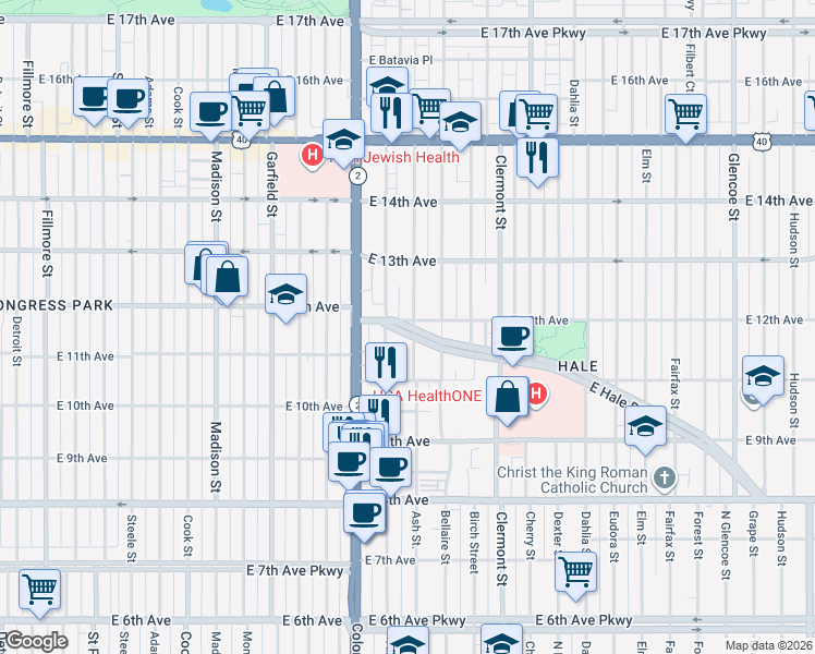 map of restaurants, bars, coffee shops, grocery stores, and more near 1209 Ash Street in Denver