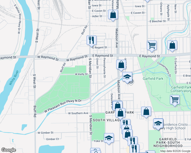 map of restaurants, bars, coffee shops, grocery stores, and more near 2281 South Meridian Street in Indianapolis