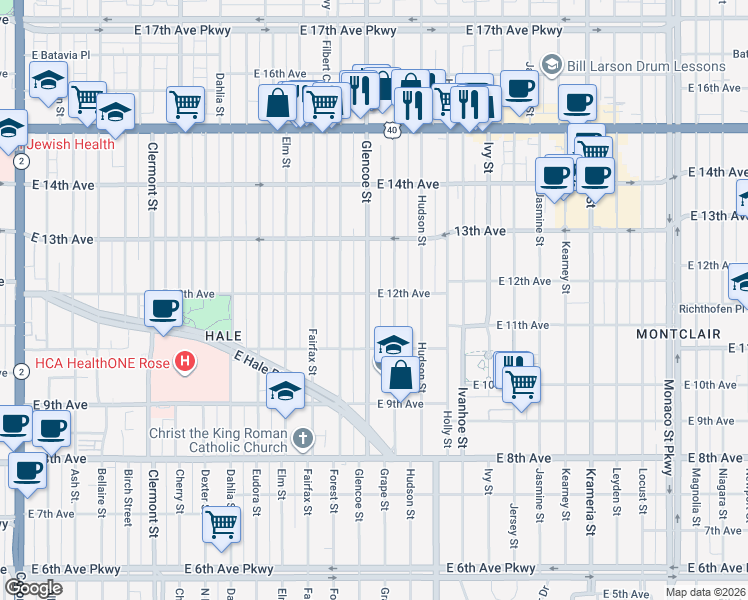 map of restaurants, bars, coffee shops, grocery stores, and more near 1215 Grape Street in Denver