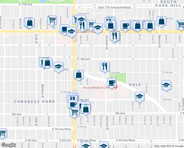 map of restaurants, bars, coffee shops, grocery stores, and more near 1210 Bellaire Street in Denver