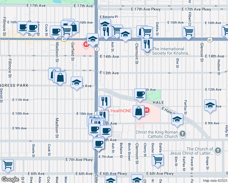 map of restaurants, bars, coffee shops, grocery stores, and more near 1209 Ash Street in Denver
