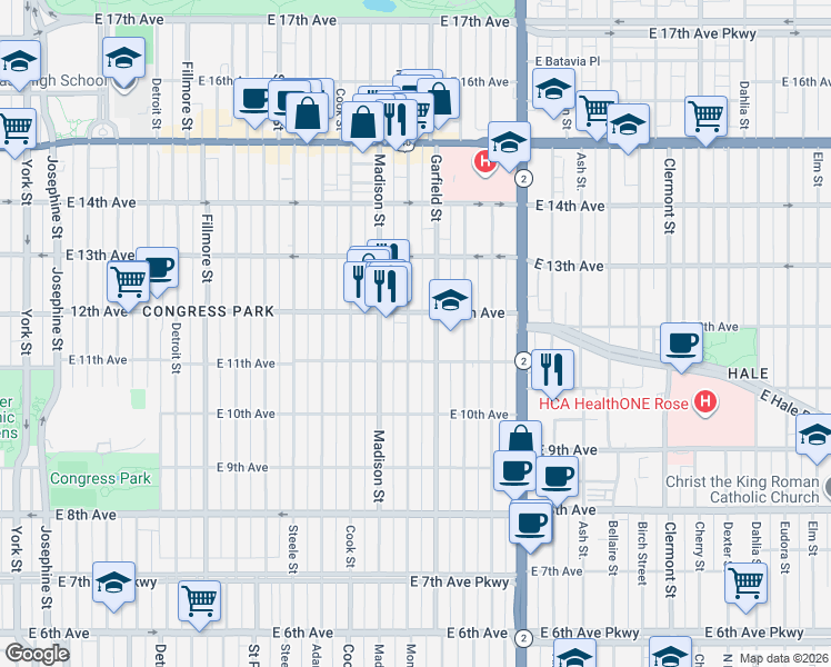map of restaurants, bars, coffee shops, grocery stores, and more near 3610 East 12th Avenue in Denver