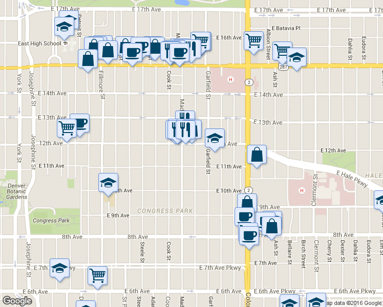 map of restaurants, bars, coffee shops, grocery stores, and more near 3504 East 12th Avenue in Denver