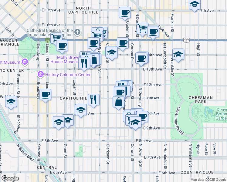 map of restaurants, bars, coffee shops, grocery stores, and more near 810 East 12th Avenue in Denver