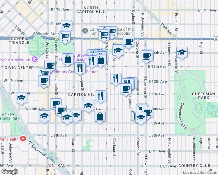 map of restaurants, bars, coffee shops, grocery stores, and more near in Denver