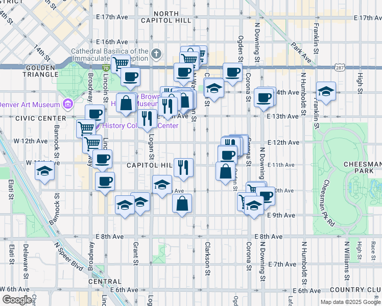 map of restaurants, bars, coffee shops, grocery stores, and more near in Denver