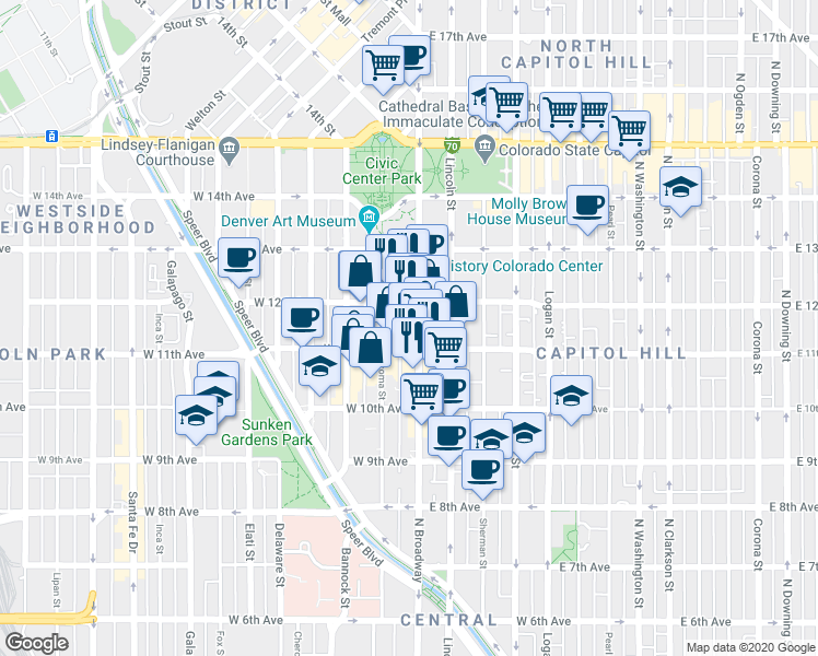 map of restaurants, bars, coffee shops, grocery stores, and more near 1147 Broadway Street in Denver