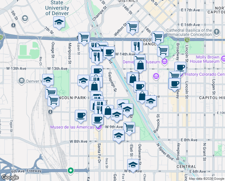 map of restaurants, bars, coffee shops, grocery stores, and more near 61 Galapago Street in Denver