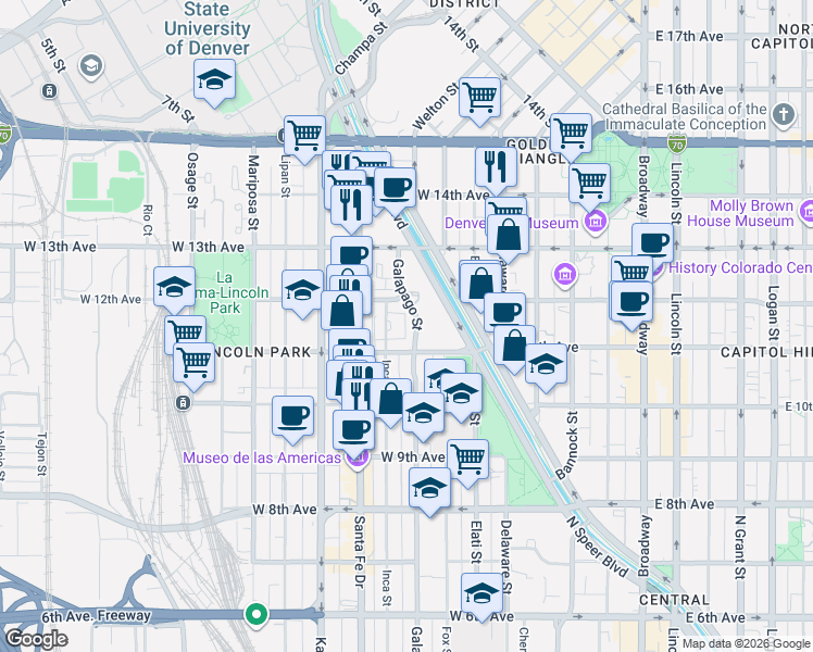 map of restaurants, bars, coffee shops, grocery stores, and more near 61 Galapago Street in Denver