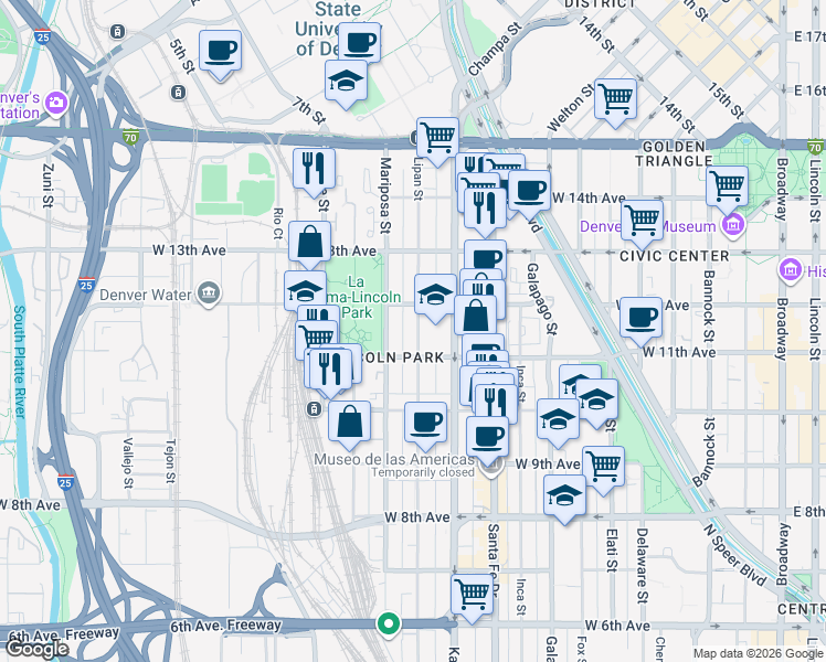 map of restaurants, bars, coffee shops, grocery stores, and more near 1157 Lipan Street in Denver