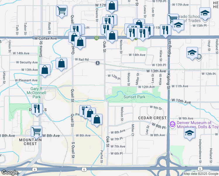 map of restaurants, bars, coffee shops, grocery stores, and more near 10756 West 12th Lane in Lakewood