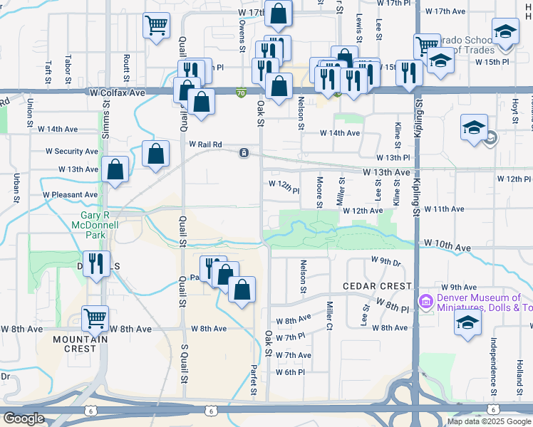 map of restaurants, bars, coffee shops, grocery stores, and more near 10756 West 12th Lane in Lakewood
