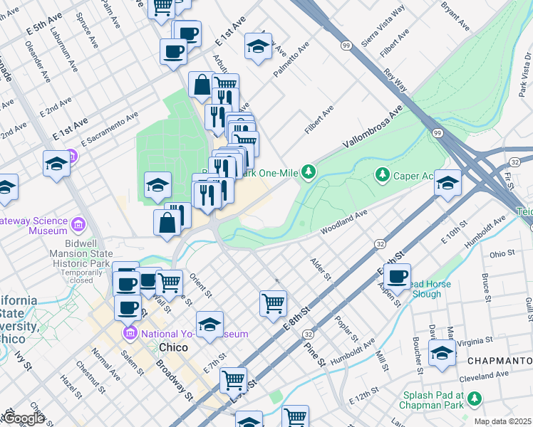 map of restaurants, bars, coffee shops, grocery stores, and more near 512 Vallombrosa Avenue in Chico