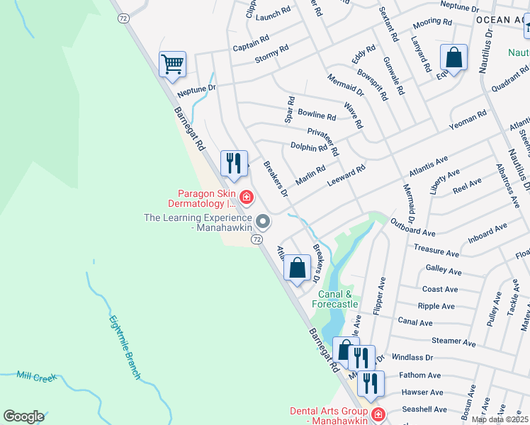 map of restaurants, bars, coffee shops, grocery stores, and more near 233 Leeward Road in Stafford Township