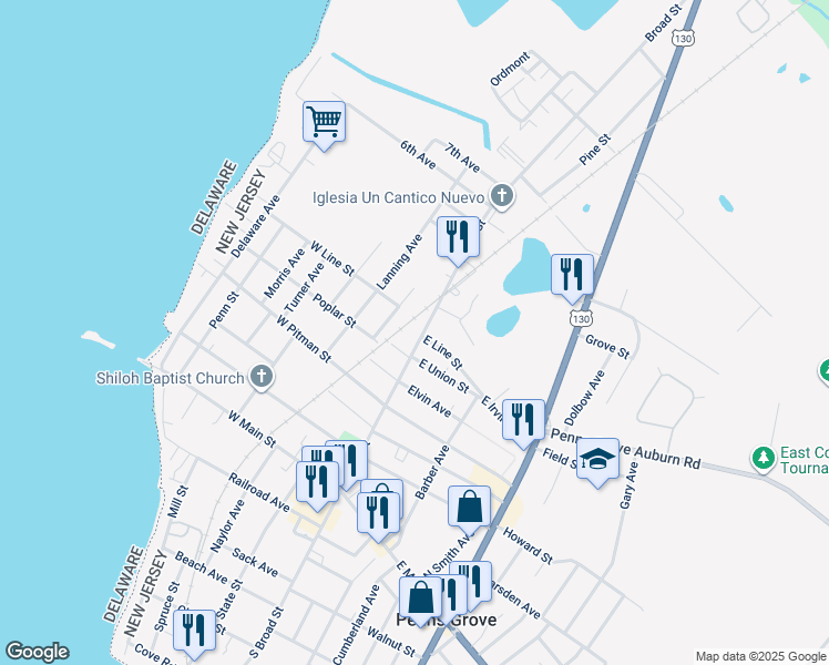 map of restaurants, bars, coffee shops, grocery stores, and more near 142 Broad Street in Penns Grove