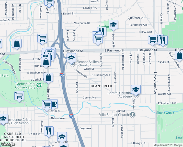 map of restaurants, bars, coffee shops, grocery stores, and more near 1625 Wade Street in Indianapolis