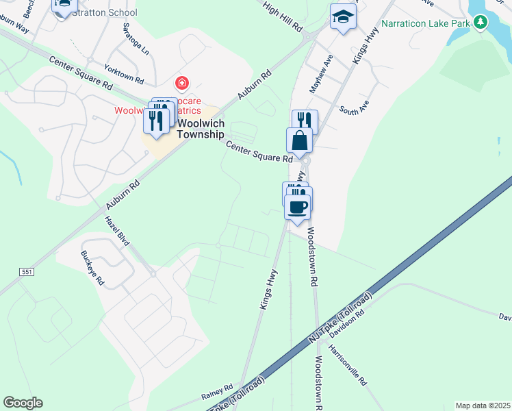 map of restaurants, bars, coffee shops, grocery stores, and more near 1 Oaks Drive in Swedesboro