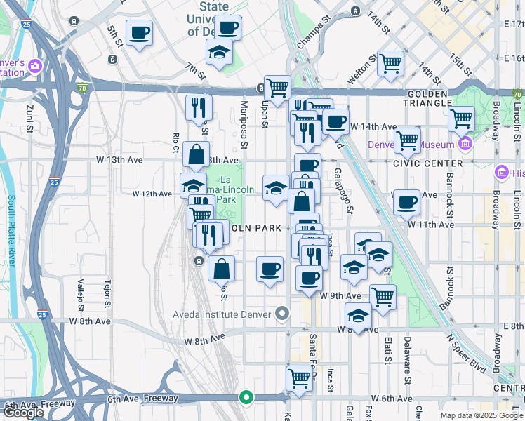 map of restaurants, bars, coffee shops, grocery stores, and more near 1157 Lipan Street in Denver