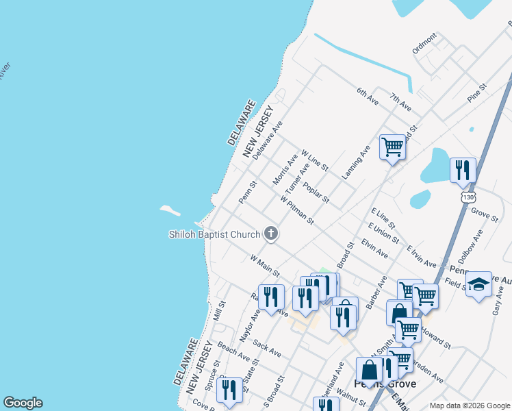 map of restaurants, bars, coffee shops, grocery stores, and more near 61 Penn Street in Penns Grove