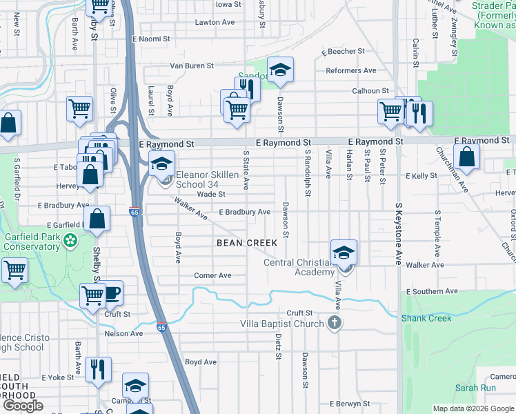 map of restaurants, bars, coffee shops, grocery stores, and more near 1707 Wade Street in Indianapolis