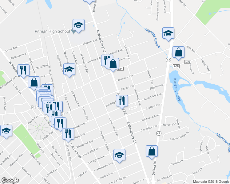 map of restaurants, bars, coffee shops, grocery stores, and more near 351 Pitman Avenue in Pitman