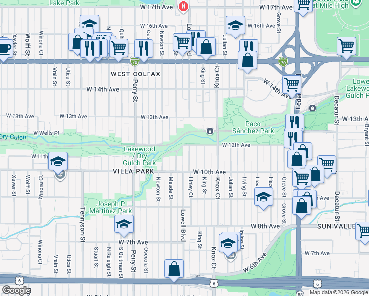 map of restaurants, bars, coffee shops, grocery stores, and more near 1190 Lowell Boulevard in Denver