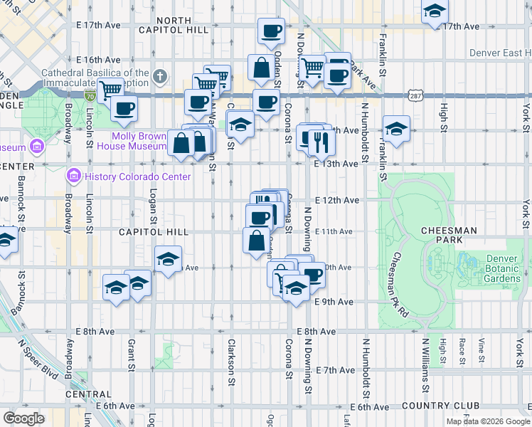 map of restaurants, bars, coffee shops, grocery stores, and more near 1145 Ogden Street in Denver