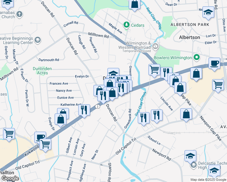 map of restaurants, bars, coffee shops, grocery stores, and more near 3615 Kirkwood Highway in Wilmington
