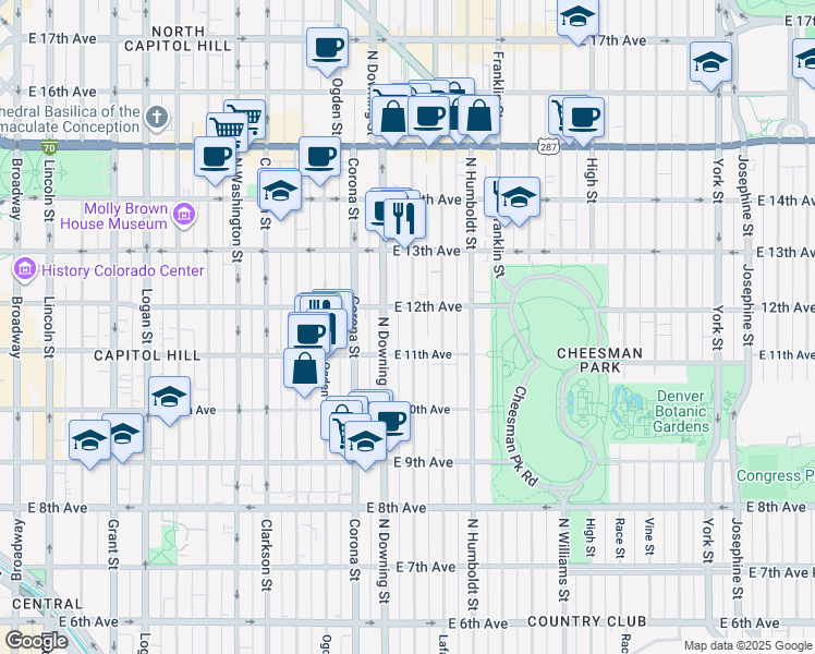 map of restaurants, bars, coffee shops, grocery stores, and more near 1168 North Marion Street in Denver