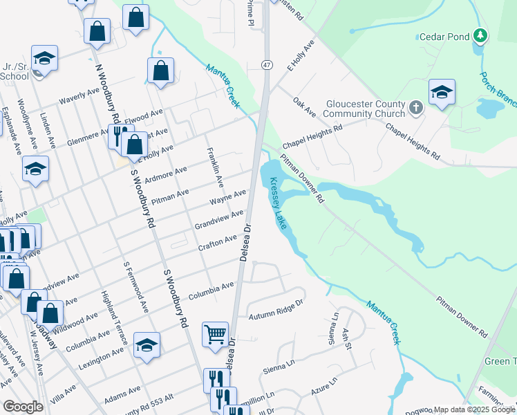 map of restaurants, bars, coffee shops, grocery stores, and more near 1350 Delsea Drive in Pitman