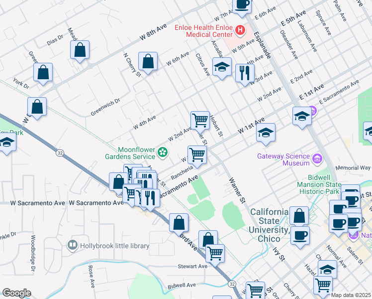 map of restaurants, bars, coffee shops, grocery stores, and more near 642 West 1st Avenue in Chico