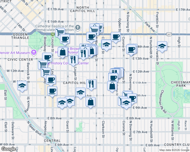 map of restaurants, bars, coffee shops, grocery stores, and more near in Denver