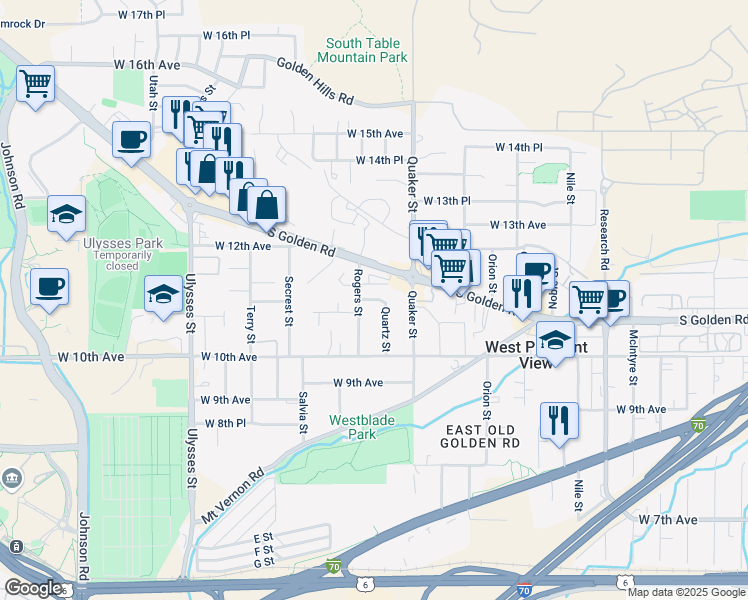 map of restaurants, bars, coffee shops, grocery stores, and more near 16545 West 11th Avenue in Golden