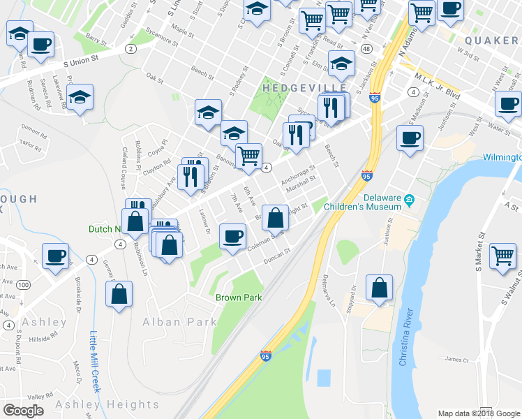 map of restaurants, bars, coffee shops, grocery stores, and more near 133 6th Avenue in Wilmington