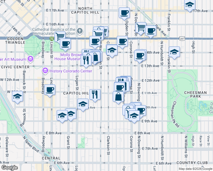 map of restaurants, bars, coffee shops, grocery stores, and more near 810 East 12th Avenue in Denver