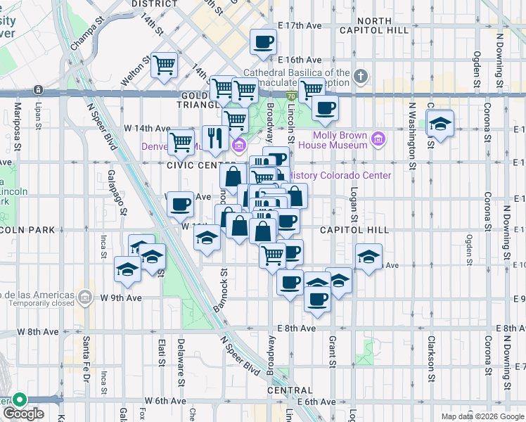 map of restaurants, bars, coffee shops, grocery stores, and more near 1147 Broadway Street in Denver