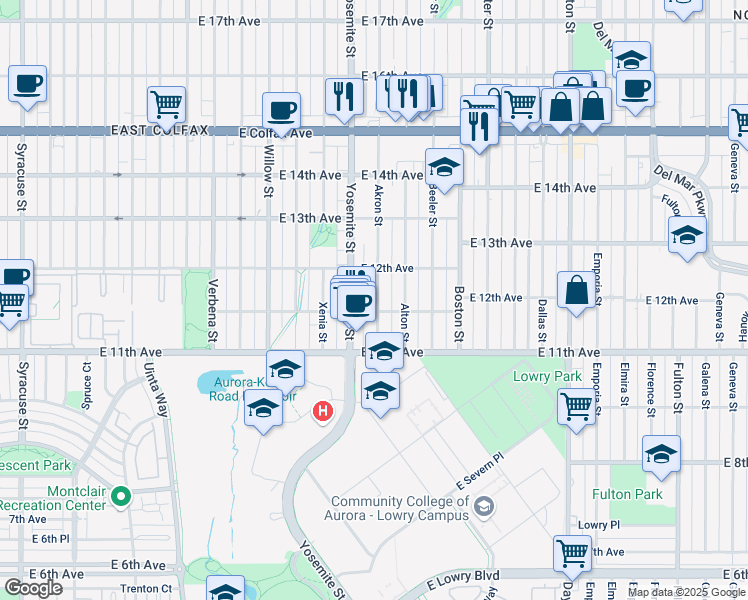 map of restaurants, bars, coffee shops, grocery stores, and more near 1170 Akron Street in Aurora