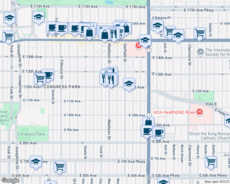 map of restaurants, bars, coffee shops, grocery stores, and more near 3504 East 12th Avenue in Denver