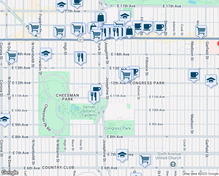 map of restaurants, bars, coffee shops, grocery stores, and more near 1165 Columbine Street in Denver