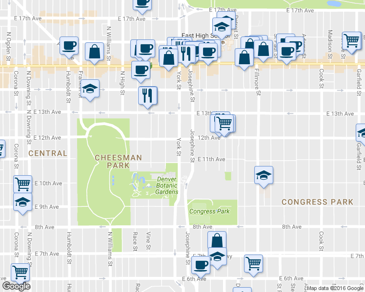 map of restaurants, bars, coffee shops, grocery stores, and more near in Denver