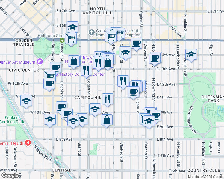 map of restaurants, bars, coffee shops, grocery stores, and more near in Denver