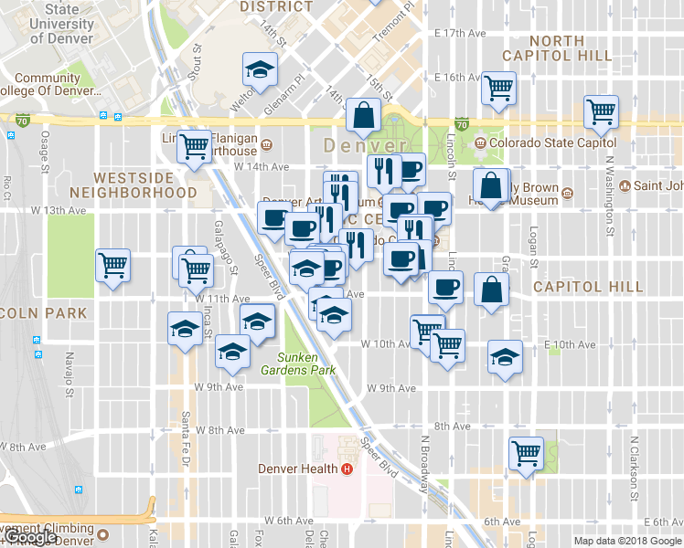 map of restaurants, bars, coffee shops, grocery stores, and more near 226 West 12th Avenue in Denver