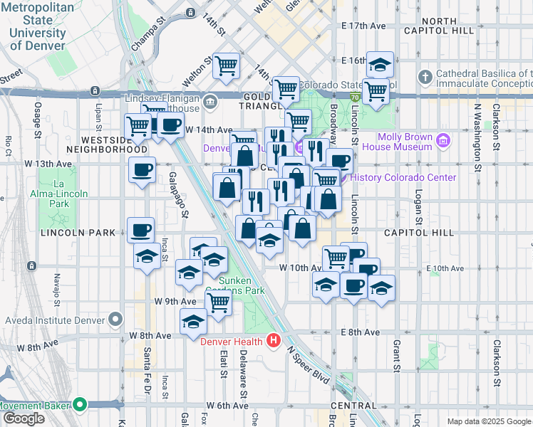 map of restaurants, bars, coffee shops, grocery stores, and more near 226 West 12th Avenue in Denver