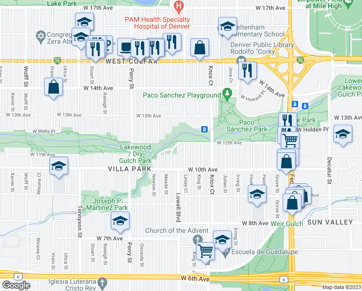 map of restaurants, bars, coffee shops, grocery stores, and more near 1190 Lowell Boulevard in Denver