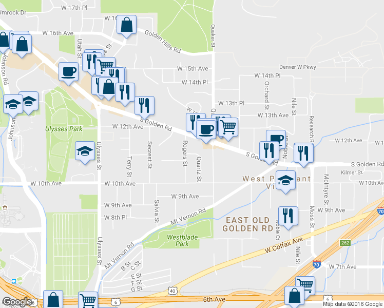 map of restaurants, bars, coffee shops, grocery stores, and more near 16545 West 11th Avenue in Golden