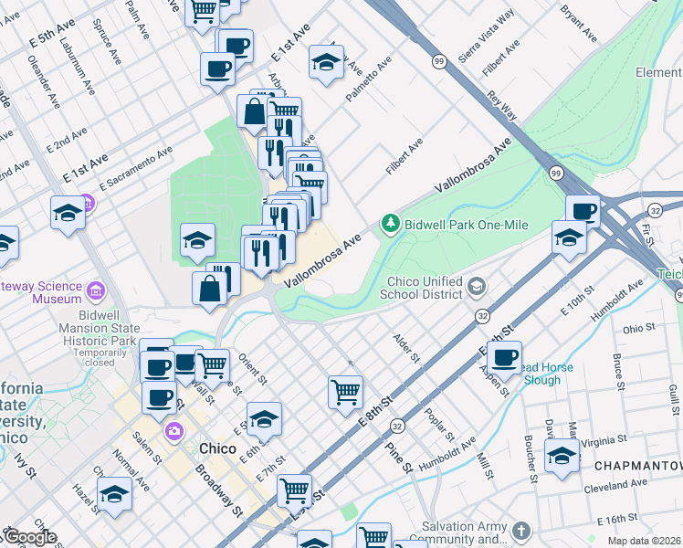 map of restaurants, bars, coffee shops, grocery stores, and more near 555 Vallombrosa Avenue in Chico
