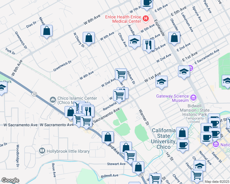 map of restaurants, bars, coffee shops, grocery stores, and more near 1145 Warner Street in Chico