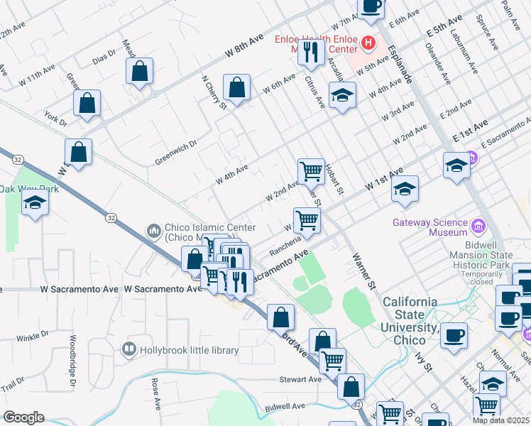 map of restaurants, bars, coffee shops, grocery stores, and more near 726 West 2nd Avenue in Chico